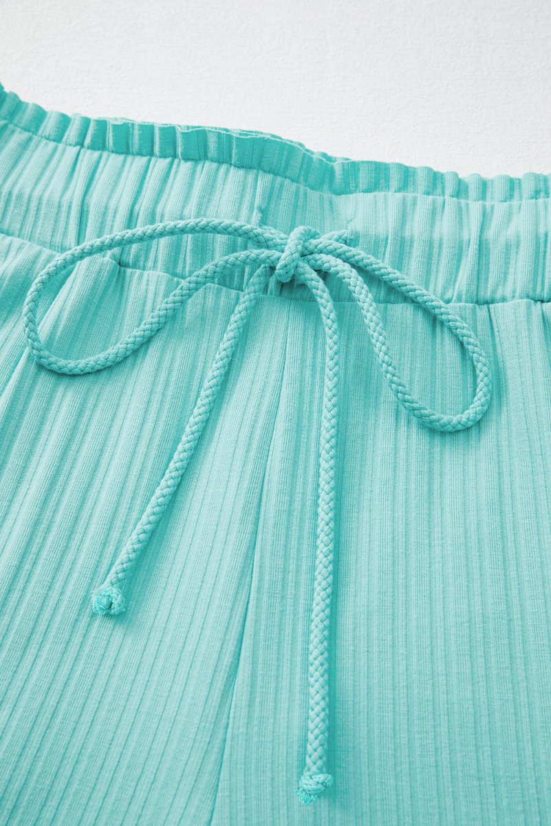 Mint Green Ribbed Button V Neck Tank Top and Shorts Set - Love Salve